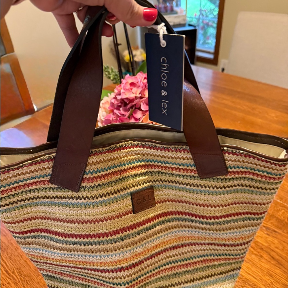 chloe & lex Bohemian Red and Brown Tote with Leather Handles